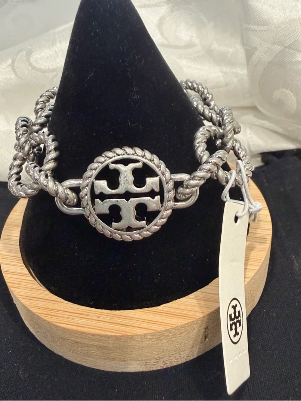 Tory Burch Silver-Tone Twisted Rope Logo Bracelet New Size 6